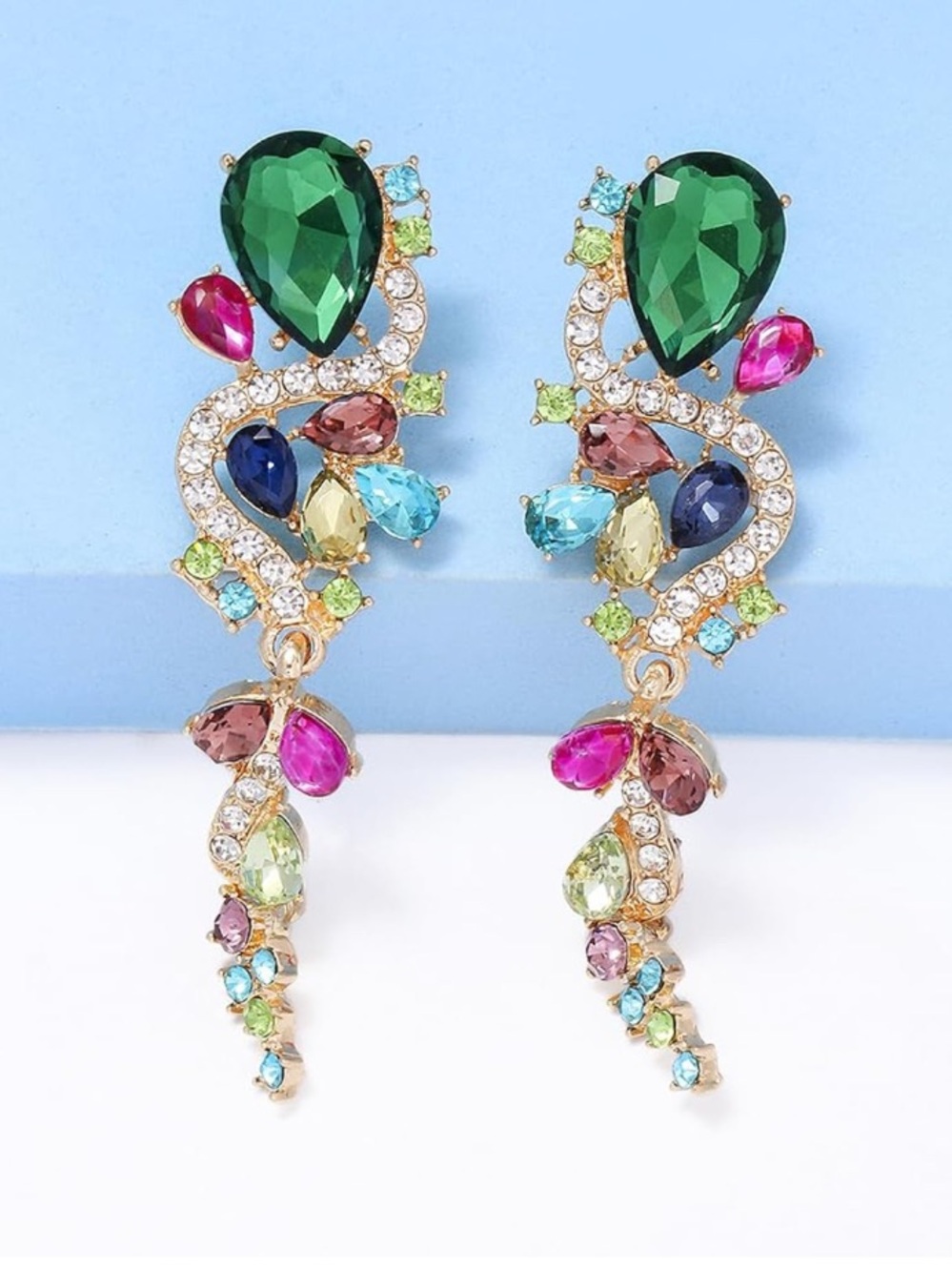 Multicolor Crystal Teardrop Earrings - Green & Pink Accents